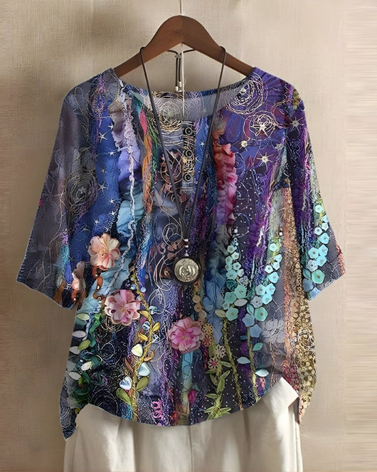 Sophie | Damen Boho Kurzarm-Oberteil mit Buntem Ethno-Print