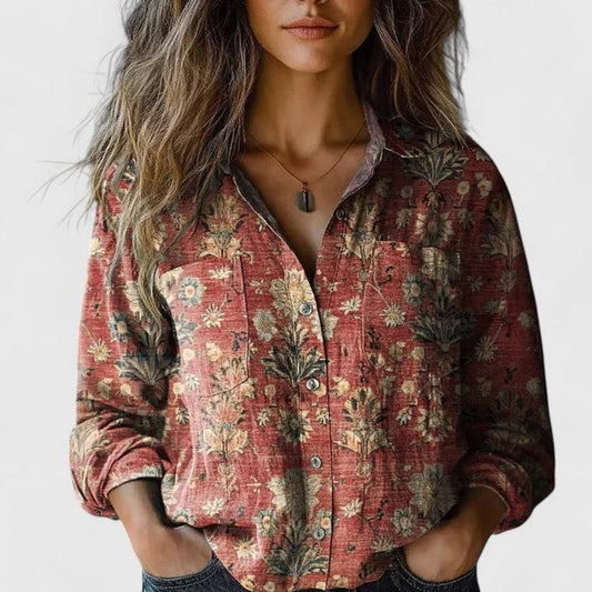 Elisabeth | Damen Boho Langarm Bluse geknöpft florales Muster