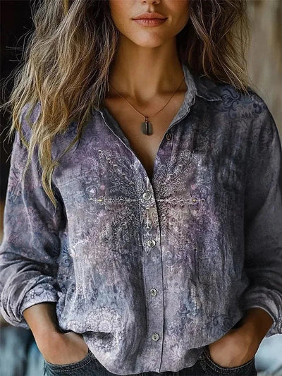 Elisabeth | Damen Boho Langarm Bluse geknöpft florales Muster