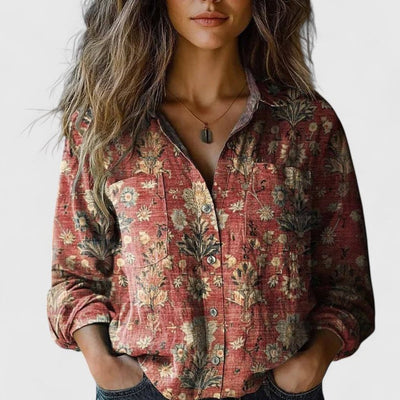 Elisabeth | Damen Boho Langarm Bluse geknöpft florales Muster