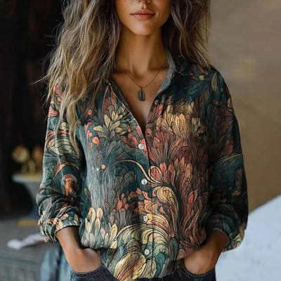 Elisabeth | Damen Boho Langarm Bluse geknöpft florales Muster