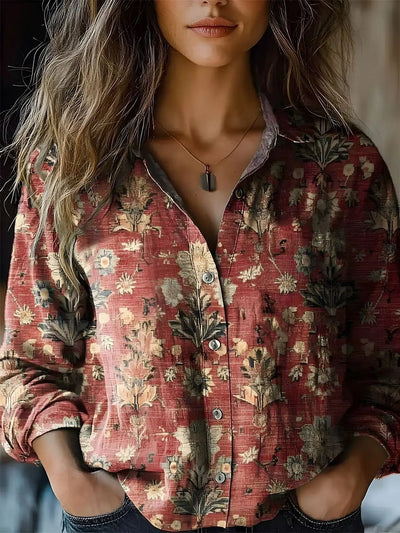 Elisabeth | Damen Boho Langarm Bluse geknöpft florales Muster