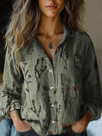 Elisabeth | Damen Boho Langarm Bluse geknöpft florales Muster