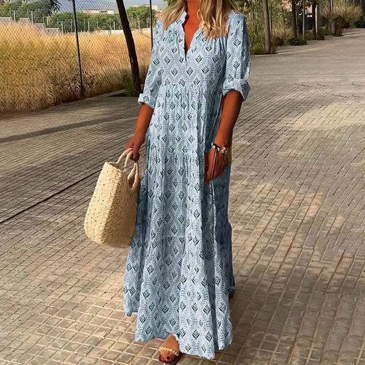 Greta | Damen Boho Maxi Cocktailkleid V-Ausschnitt Florales Sommerkleid