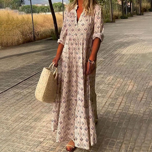 Greta | Damen Boho Maxi Cocktailkleid V-Ausschnitt Florales Sommerkleid