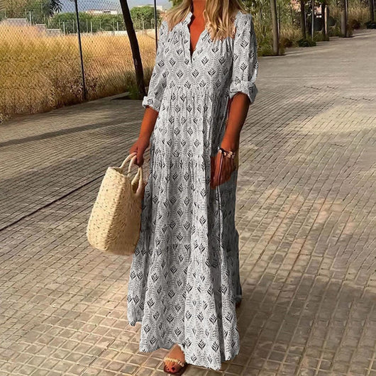 Greta | Damen Boho Maxi Cocktailkleid V-Ausschnitt Florales Sommerkleid