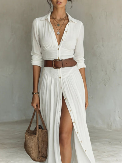 Marie | Damen Boho Maxi-Hemdblusenkleid mit Knopfleiste Gürtel