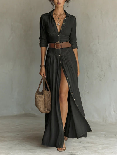 Marie | Damen Boho Maxi-Hemdblusenkleid mit Knopfleiste Gürtel