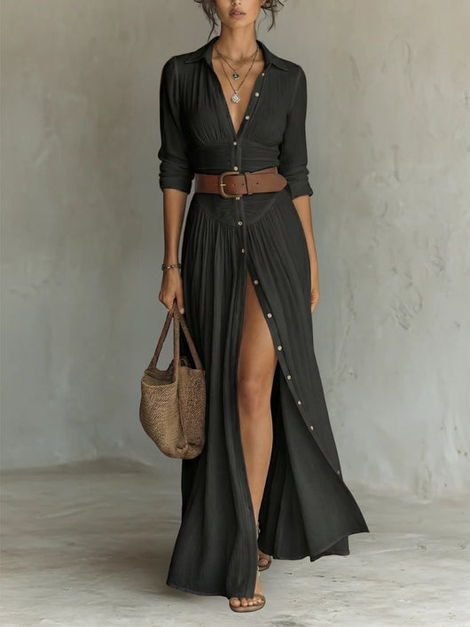 Marie | Damen Boho Maxi-Hemdblusenkleid mit Knopfleiste Gürtel