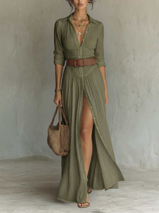 Marie | Damen Boho Maxi-Hemdblusenkleid mit Knopfleiste Gürtel
