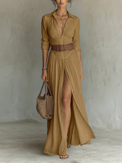 Marie | Damen Boho Maxi-Hemdblusenkleid mit Knopfleiste Gürtel