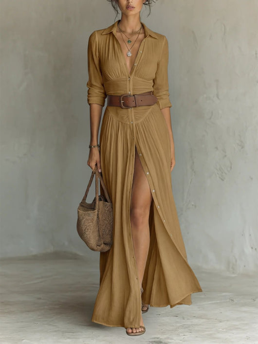Marie | Damen Boho Maxi-Hemdblusenkleid mit Knopfleiste Gürtel