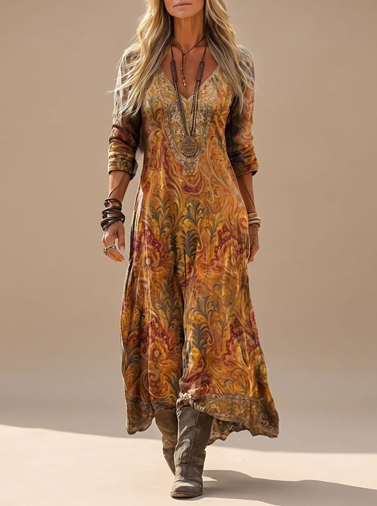 Lena | Damen Boho Maxi-Kleid Langarm V-Ausschnitt Vintage Paisley
