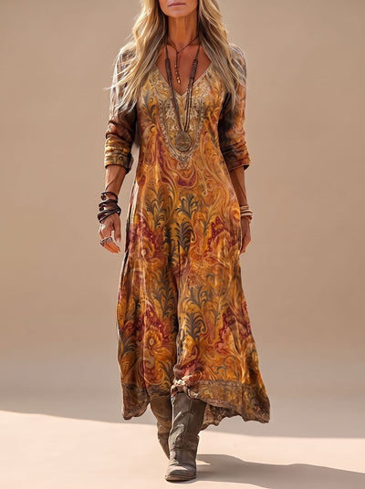 Lena | Damen Boho Maxi-Kleid Langarm V-Ausschnitt Vintage Paisley