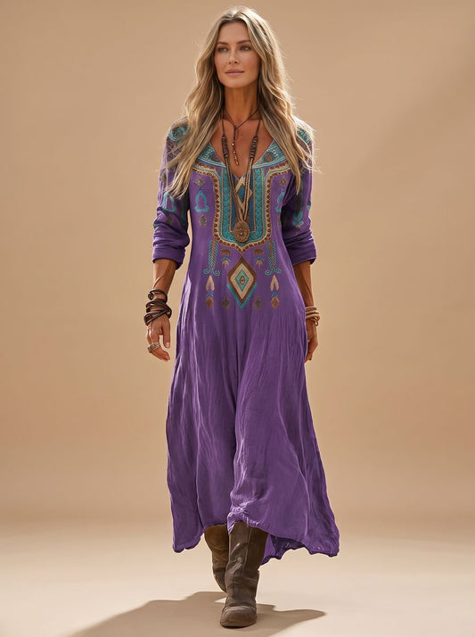 Katharina | Damen Boho Maxi-Kleid Langarm V-Ausschnitt Vintage-Print