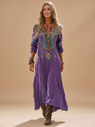 Katharina | Damen Boho Maxi-Kleid Langarm V-Ausschnitt Vintage-Print
