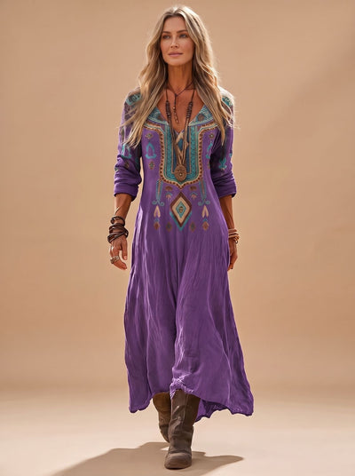 Katharina | Damen Boho Maxi-Kleid Langarm V-Ausschnitt Vintage-Print