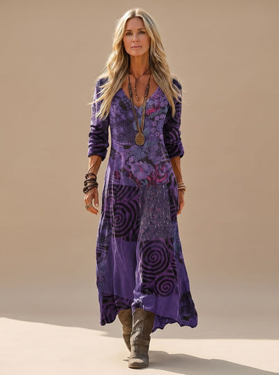 Hannah | Damen Boho Maxi-Kleid Langarm Vintage-Patchwork V-Ausschnitt