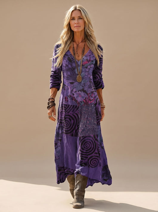 Hannah | Damen Boho Maxi-Kleid Langarm Vintage-Patchwork V-Ausschnitt