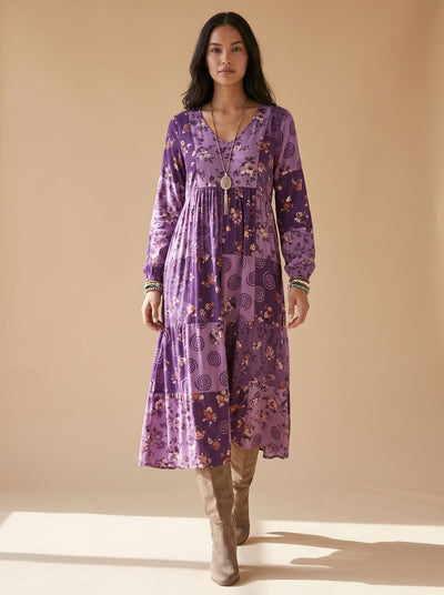 Hannah | Damen Boho Maxi-Kleid Langarm Vintage-Patchwork V-Ausschnitt