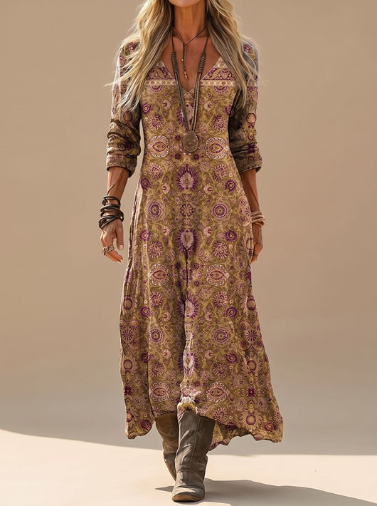 Amelie | Damen Boho Maxi Kleid Langarm Vintage V-Ausschnitt Casual Dress