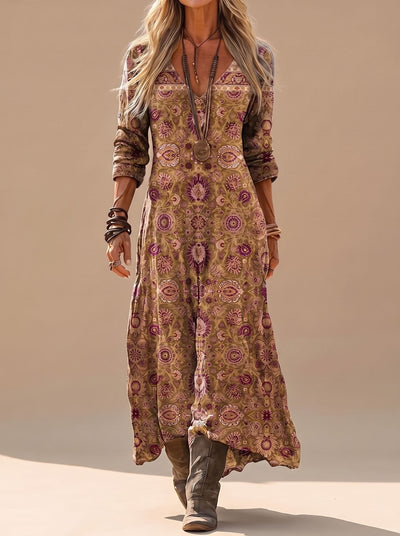 Amelie | Damen Boho Maxi Kleid Langarm Vintage V-Ausschnitt Casual Dress