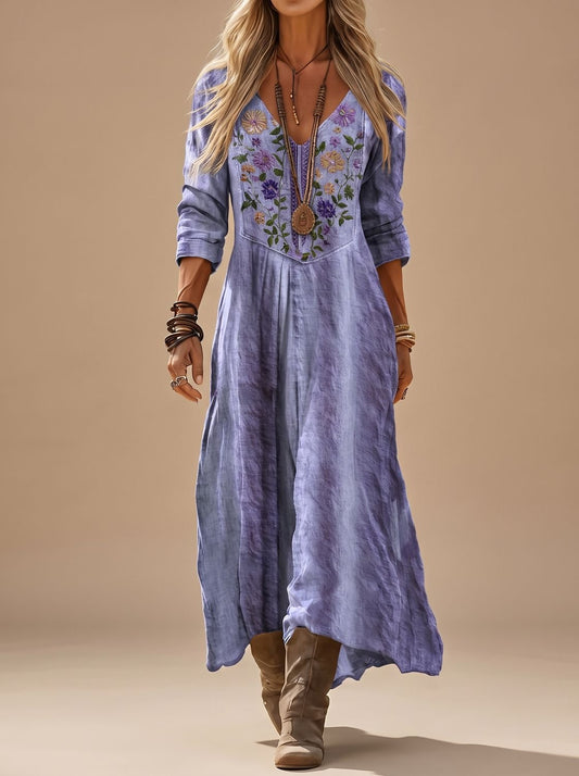 Leonie | Damen Boho Maxi-Kleid mit Stickerei V-Ausschnitt Langarm Vintage