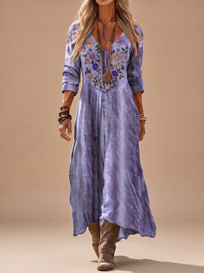 Leonie | Damen Boho Maxi-Kleid mit Stickerei V-Ausschnitt Langarm Vintage