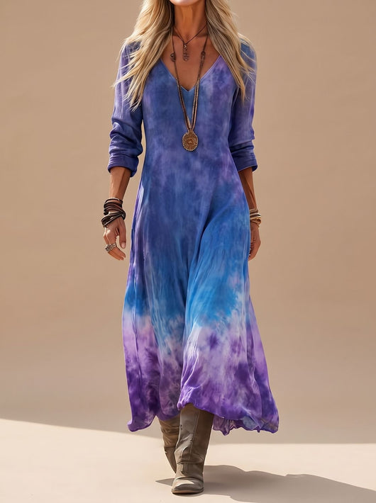 Nora | Damen Boho Maxi-Kleid mit V-Ausschnitt Langarm Tie-Dye Fließend