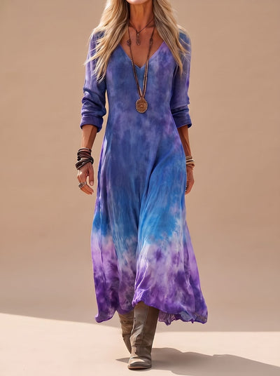 Nora | Damen Boho Maxi-Kleid mit V-Ausschnitt Langarm Tie-Dye Fließend