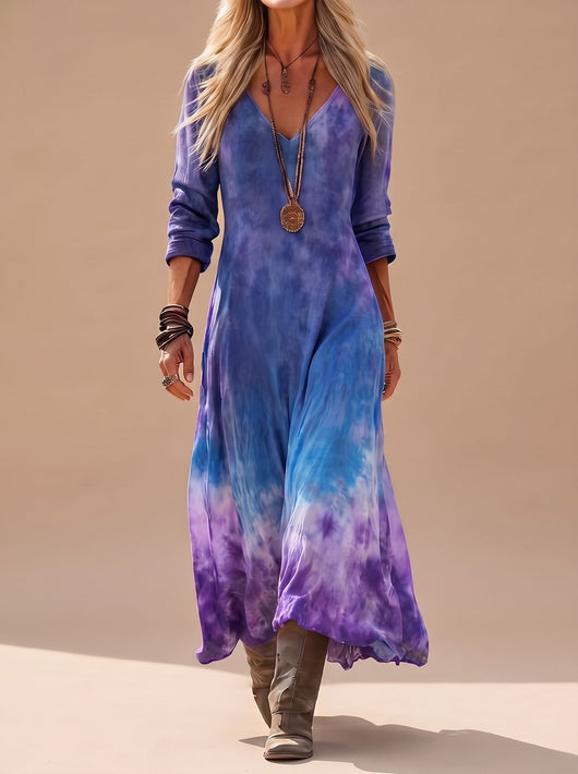 Nora | Damen Boho Maxi-Kleid mit V-Ausschnitt Langarm Tie-Dye Fließend