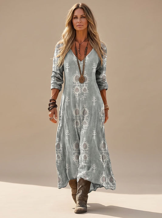 Marlene | Damen Boho Maxi-Kleid mit V-Ausschnitt Langarm Vintage-Print