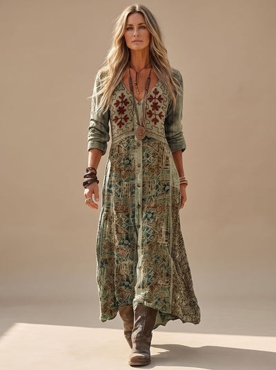 Elisabeth | Damen Boho Maxi-Kleid mit V-Ausschnitt Langarm Vintage-Print
