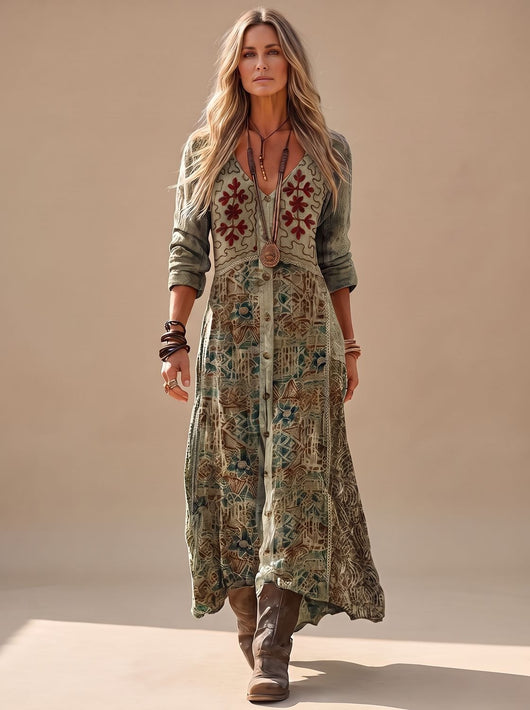 Elisabeth | Damen Boho Maxi-Kleid mit V-Ausschnitt Langarm Vintage-Print