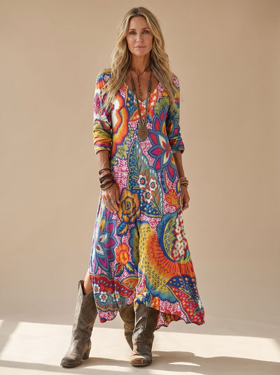 Marie | Damen Boho Maxi-Kleid mit V-Ausschnitt Vintage Blumenmuster 3/4-Arm