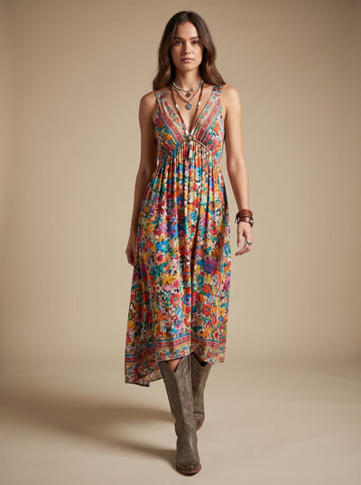 Marie | Damen Boho Maxi-Kleid mit V-Ausschnitt Vintage Blumenmuster 3/4-Arm