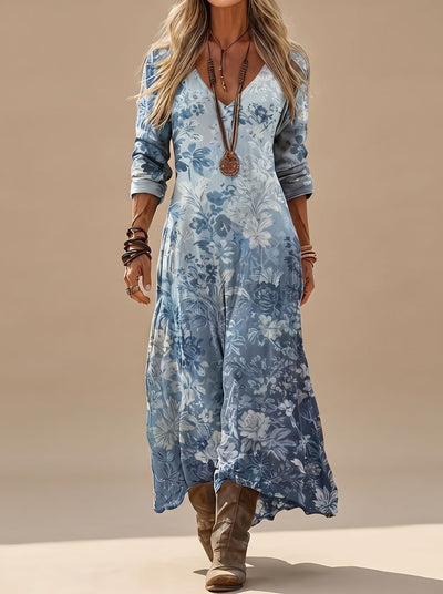 Hannah | Damen Boho Maxi-Kleid mit Vintage-Blumenmuster und V-Ausschnitt