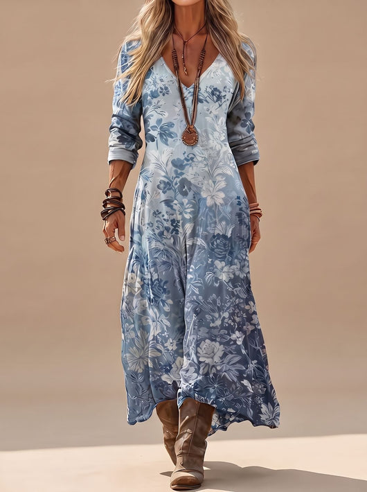 Hannah | Damen Boho Maxi-Kleid mit Vintage-Blumenmuster und V-Ausschnitt