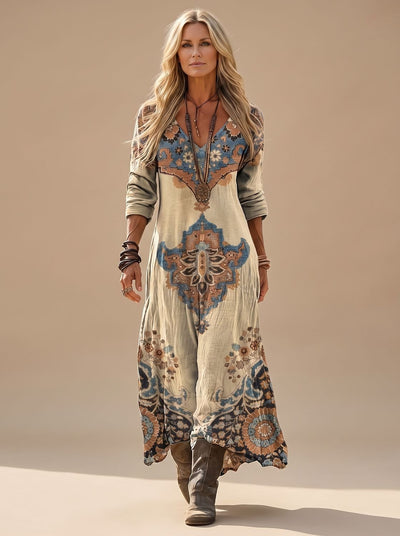 Charlotte | Damen Boho Maxikleid Langarm V-Ausschnitt Vintage-Folkloreprint