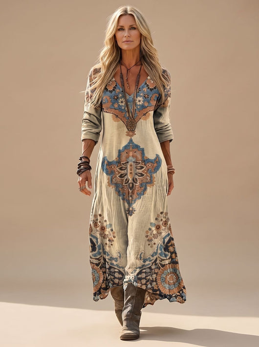 Charlotte | Damen Boho Maxikleid Langarm V-Ausschnitt Vintage-Folkloreprint