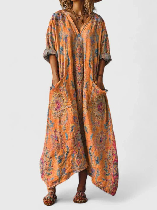 Annika | Damen Boho-Maxikleid mit Paisleymuster und Taschen