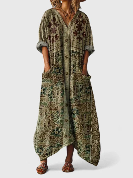 Annika | Damen Boho-Maxikleid mit Paisleymuster und Taschen