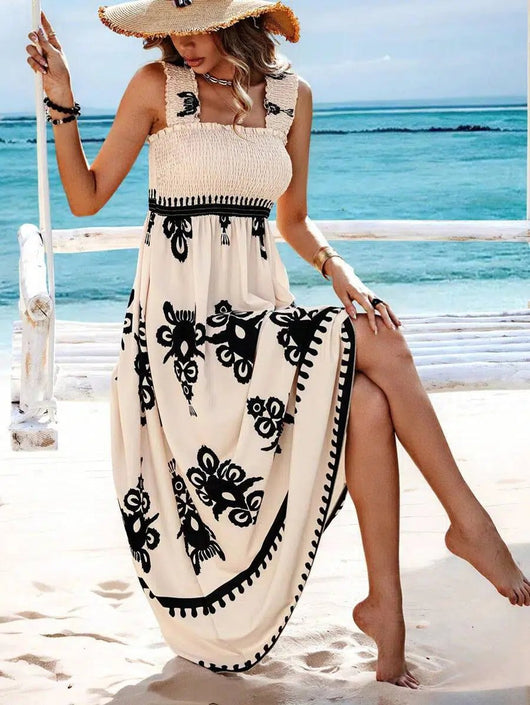 Lena | Damen Boho Maxikleid ärmellos geraffte Oberteil florales Muster