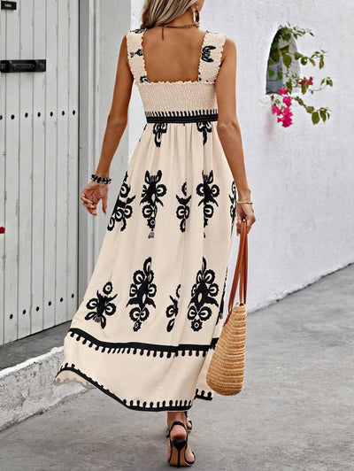Lena | Damen Boho Maxikleid ärmellos geraffte Oberteil florales Muster