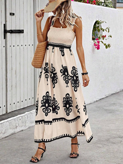 Lena | Damen Boho Maxikleid ärmellos geraffte Oberteil florales Muster