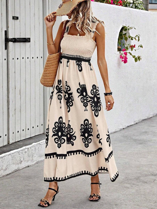 Lena | Damen Boho Maxikleid ärmellos geraffte Oberteil florales Muster