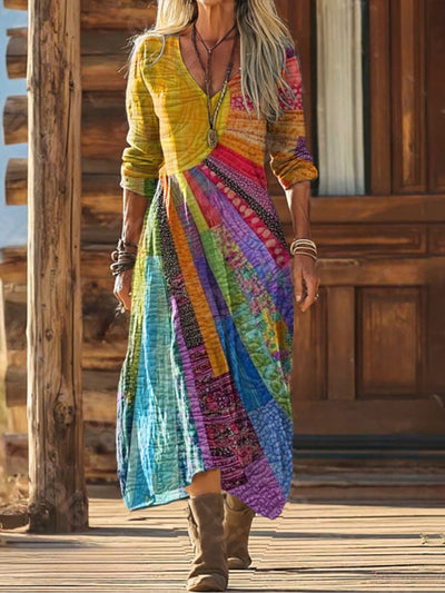 Marie | Damen Boho Patchwork Midi Dress Langarm V-Ausschnitt