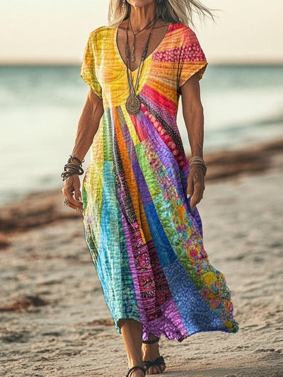 Marie | Damen Boho Patchwork Midi Dress Langarm V-Ausschnitt