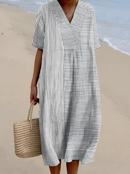 Leonie | Damen Boho V-Ausschnitt Midi-Sommerkleid mit Kurzen Ärmeln