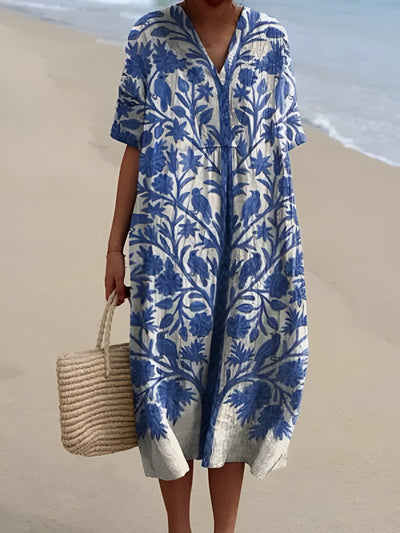 Leonie | Damen Boho V-Ausschnitt Midi-Sommerkleid mit Kurzen Ärmeln